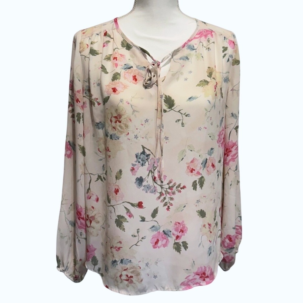 Violet + Claire Floral Blouse Long Sleeve Tie Neck Pink Blue Women's‎